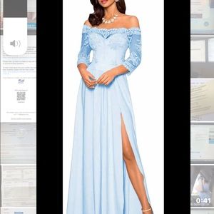 Woman’s off the shoulder chiffon light blue dress.